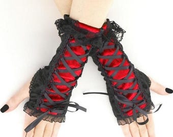 Black red fingerless goth mittens thumb holes formal gothic gloves womens evening gloves plus size available lacing corset short warmers