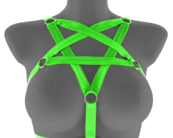 Pentagram women's harness neon green strappy chest bra stretch ribbon cage bralette ring pastel gothic goth lingeries