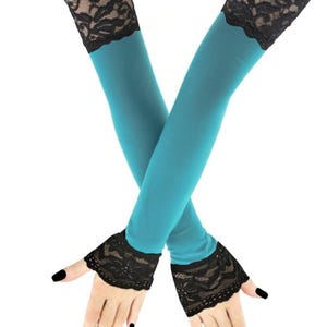Extra lange ärmel schwarze türkise fingerlose Handschuhe, Damen Armstulpen über Ellbogen Abendhandschuhe, Opernkostüm, formelle Handschuhe handgefertigt
