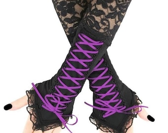 Black Lace Fingerless Gloves, Purple Corset Lacing, Elbow Length Arm Warmers