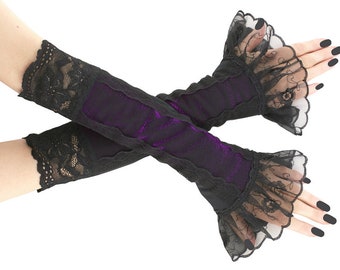 Gants de luxe pour femmes noir violet sans doigts en dentelle à volants élégants chauffe-fils en lurex gants de soirée romantiques longueur de coude faits main