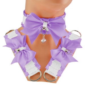 Juego de gatito púrpura conjunto gargantilla collar y pulsera conjunto puños campana satén arco encaje blanco pastel traje cosplay kawaii princesa neko Morado