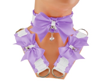 Paarse kitten petplay set choker kraag en armband set manchetten bel satijnen strik kant wit pastel kostuum cosplay kawaii prinses neko