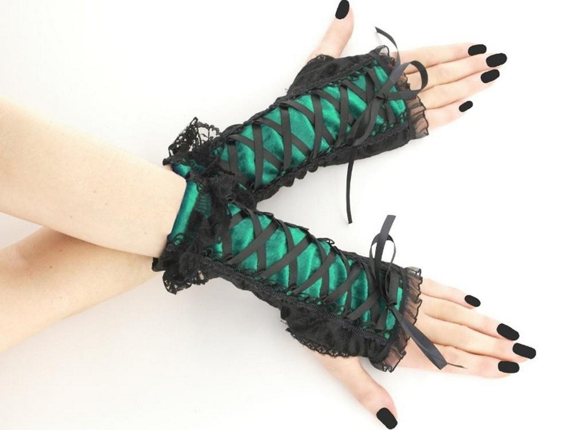 Gothic black fingerless mittens wrist warmers goth burlesque | Etsy