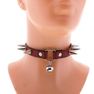 Red vegan leather o ring choker spiked and bell collar, leather spiked collar, spiked sub proof choker, leather punk collar