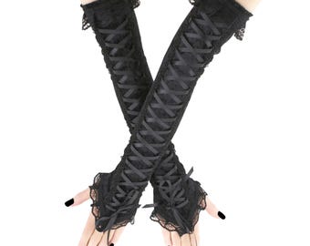 Extra long black gloves womens over elbow gothic velvet fingerless gloves arm warmers goth evening costume goth lacing corset all sizes