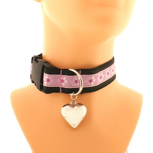 Kitten pet play collar, buckle pink choker pastel ribbon collar for play d ring with heart, puppy play collar costume handmade all sizes