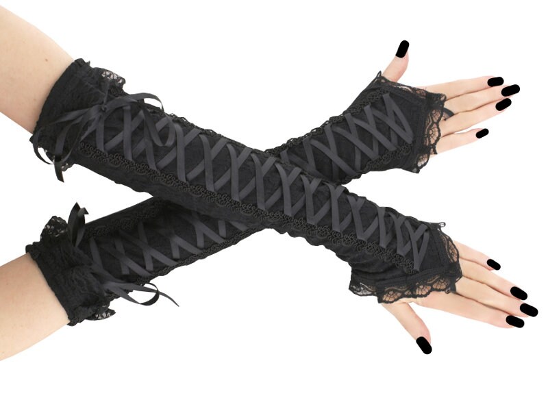 Black Lace Fingerless Gloves Corset Laced Gothic Arm Warmers