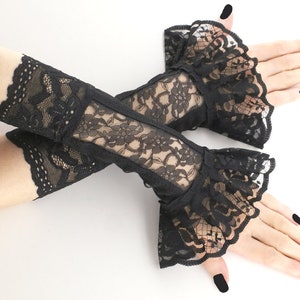 Women black gloves gothic, elegant fingerless warmers romantic gloves evening womens elbow length goth style handmade gift, made to order