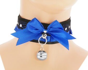 Kitten play collar black blue satin lace choker necklace with black lace ring bow and bell handmade, I have several colors and sizes 11