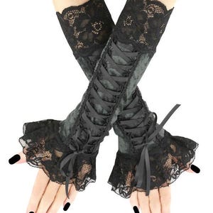 Womens gothic gloves velvet gray black lace women fingerless glove long warmers goth costume evening costume lacing corset elbow length