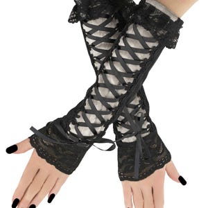 Women gloves black grey fingerless gothic clothing evening long arm warmers gloves womens carneval, lacing corset gloves elbow length