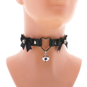 Black vegan leather heart choker and bell satin bow collar, kitten petplay vegan leather collar choker puppy play cosplay costume all sizes