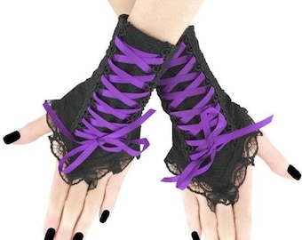 Purple Black Lace Corset Arm Warmers, Short Ruffled Fingerless Gloves