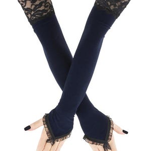 Navy Lace Fingerless Opera Gloves: 19&quot; Extra Long Evening Arm Warmers