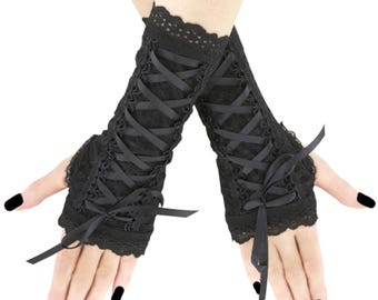 black fingerless mittens thumb holes gothic formal gloves womens evening gloves goth gloves all black goth lacing corset