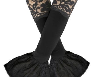 Guantes negros sin dedos de encaje con volantes, calentadores de brazos góticos, hechos a mano, accesorios para disfraces de noche y bailes de graduación, tallas XS a 3XL, regalo para ella.