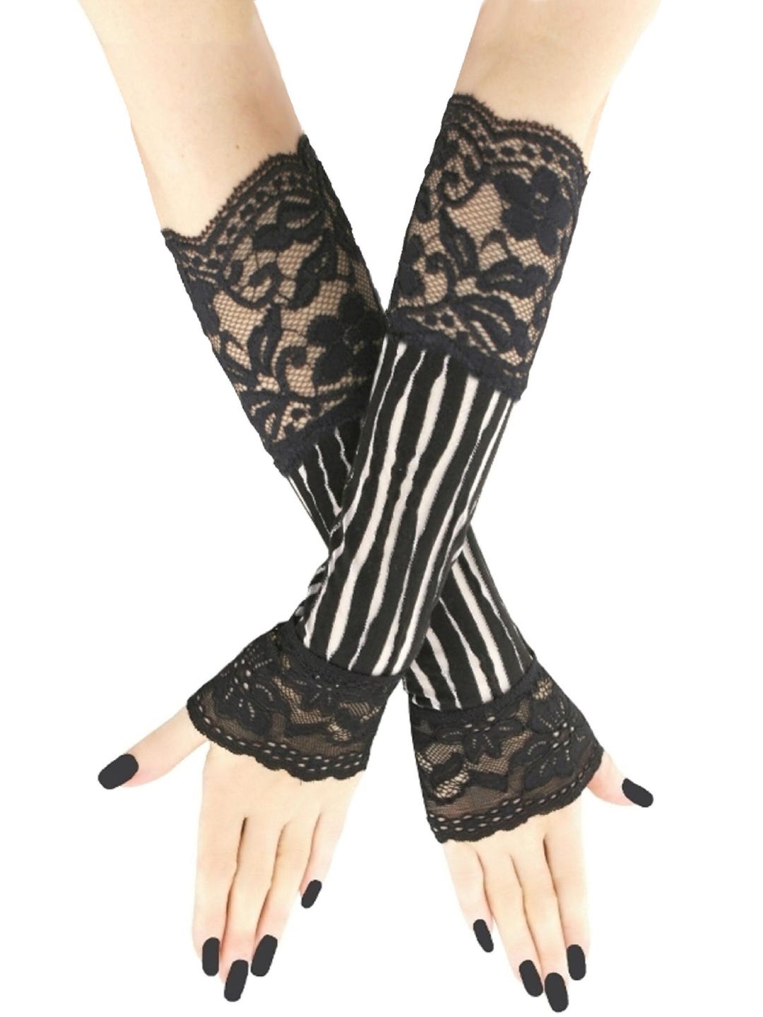 Black and White Striped Fingerless Gloves With Silver Sparkle
