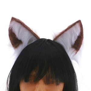 Brown white realistic furry ears, animal cosplay costume ear fluffy ears headband, anime cosplay ears, cat ears artificial furry handmade