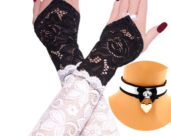 Conjunto gótico de gargantilla y guantes, mangas puntiagudas de encaje blanco y negro, collar con colgante de corazón y lazo de diamantes de imitación, accesorio romántico victoriano, XS-3X