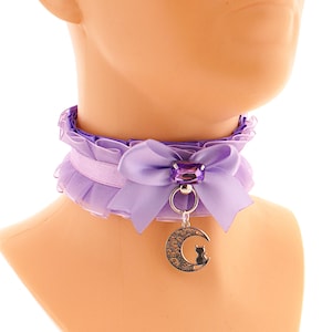 Lilac purple choker necklace kitten pet play collar gear satin bow with a gem, moon with cat pendant, pastel cute neko kawaii princess
