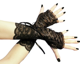 Gants femme tout en dentelle mitaines noires longueur coude chauffe-costumes gothiques gants de soirée formels laçage gothique corset