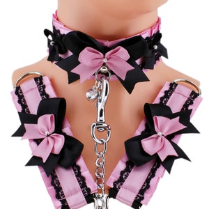 Set kittenplay pink black satin lace collar chain leash cuffs choker bracelet necklace bow kawaii princess puppyplay petplay costume