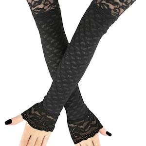 Black Lace Fingerless Opera Gloves: Extra Long Gothic Arm Warmers