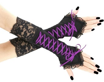 gothic women fingerless gloves black purple evening arm warmers gloves costume gloves goth long gloves womens elbow length lacing corset