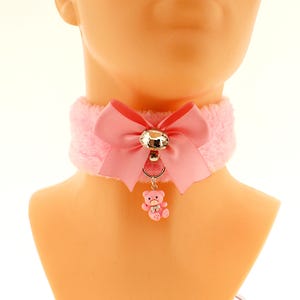 Fluffy Kitten Play Collar: Pink Bow Teddy Bear Cosplay Choker