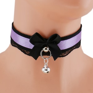 Kitten pet play collar petplay lilac satin lace thin choker neko cute necklace with black lace ring bow and bell handmade gift made to order