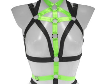 Neon Green Black Elastic Strappy Burlesque Dance Costume Body Cage Festival Outfit Top
