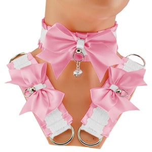 Pink kitten petplay set choker collar and bracelet set cuffs bell satin bow lace white pastel costume cosplay kawaii princess neko