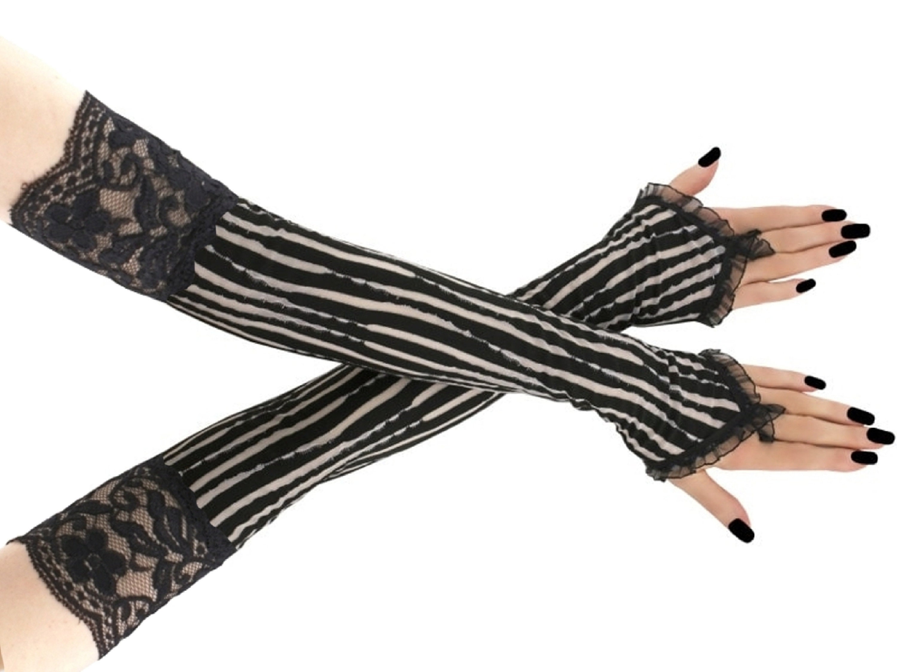 Evening Trim Lace Fingerless Opera Gloves Extra Long Black Arm