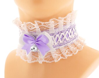 Baby purple kitten pet role play collar with corset lacing choker necklace white lace satin bow bell kawaii romantic jewelry handmade gift