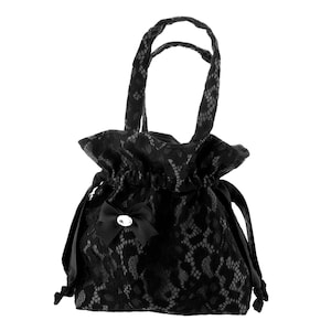 Black Lace Drawstring Handbag: Gothic Satin Evening Bag