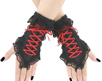Womens black red gloves fingerless wrist warmers gothic formal elegant womens goth costume, lacing corset gloves short