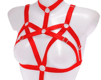 Rood harnas voor dames, elastische borsttop met bandjes, verstelbaar XS-XL, handgemaakt accessoire met stretchlint, gotische gelaagdheid uitrusting over T-shirtuitrusting