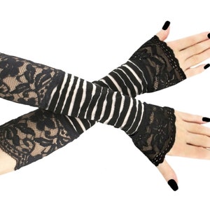 Black white womens gloves striped evening fingerless long warmers costume glamour elbow length elastic lace elegant romantic clothing