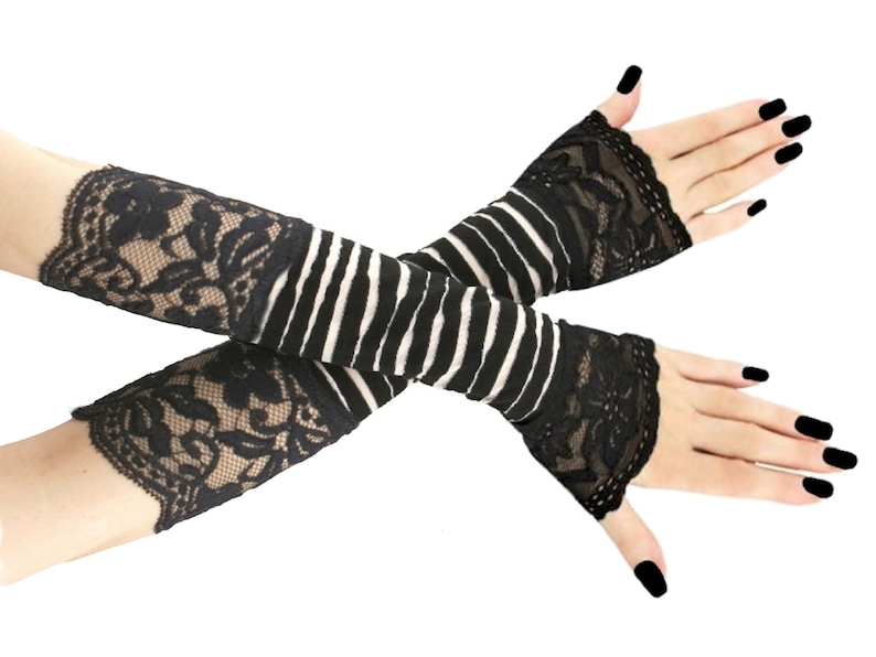 Black white womens gloves striped evening fingerless long warmers costume glamour elbow length elastic lace elegant romantic clothing