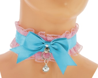 Kitten petplay collar satin pink lace choker necklace with ring bow and bell handmade gift, made to order