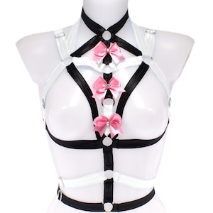 Women elastic harness adjustable black white strappy lingerie chest top stretch ribbon body cage pastel belt with bow kawaii costume