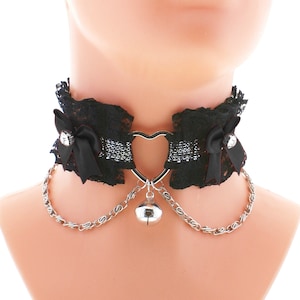 Kitten pet play collar, gothic black satin lace chain choker, goth necklace with lace metal heart bow with bell, handmade made to size