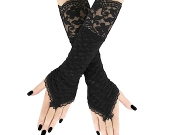 Guantes negros elásticos texturizados sin dedos con encaje, calentadores de brazos puntiagudos hasta el codo con presilla para el dedo, mangas góticas de noche, tallas grandes XS-3XL