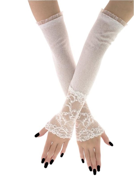 Creamy White Extra Long Fingerless Gloves Bridal Lace Arm Warmers