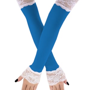 Blauwe extra lange vingerloze operahandschoenen met kant, armwarmers voor dames, handschoenen tot ellebooglengte armmouwen elegant formeel kostuum, handgemaakte geschenken
