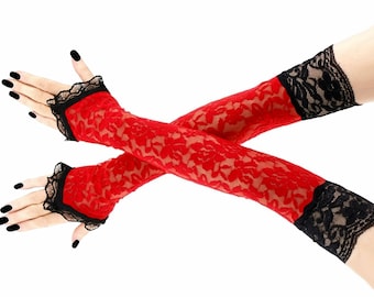 Guanti extra lunghi in pizzo rosso nero da sera per l'opera, maniche in pizzo da donna sopra il gomito guanti formali copribraccio elasticizzati, regalo da donna fatto a mano