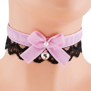 Pink Velvet Lace Choker: Handmade Bell Collar, Neko Kawaii Style