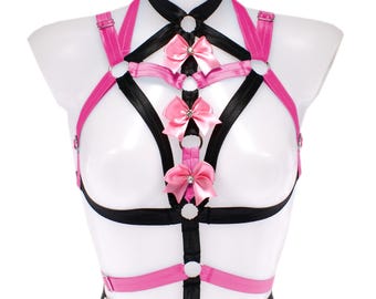 Harness Black Pink Elastic, Satin Bow Rhinestone Detail, XS-XL, Handmade Adjustable Strappy Top for Women, Goth Glamour Accessory, Body Cage