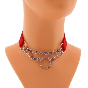 Red Nylon Chain Choker: Handmade Goth Punk O-Ring Collar